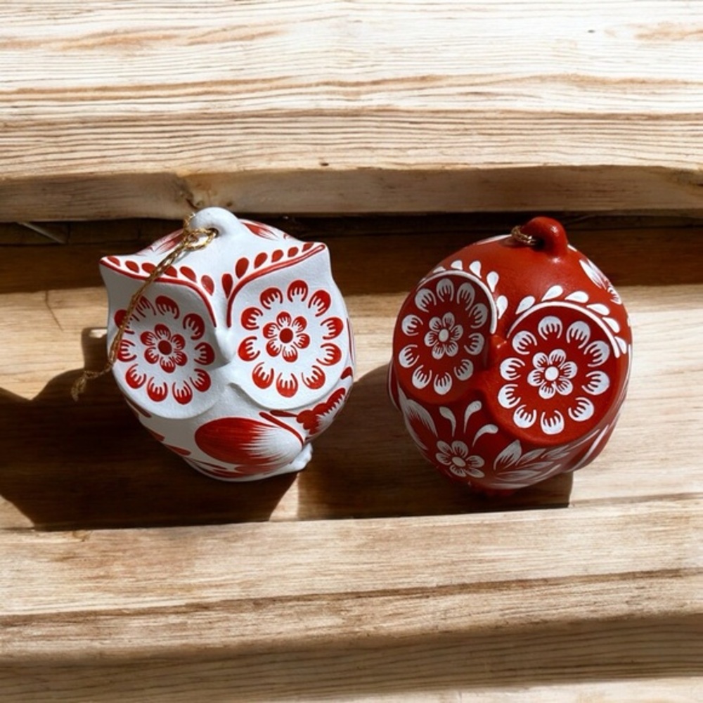 LUX Jolly Owl Ornament Festive Red and White Ornaments Set‎ of 2